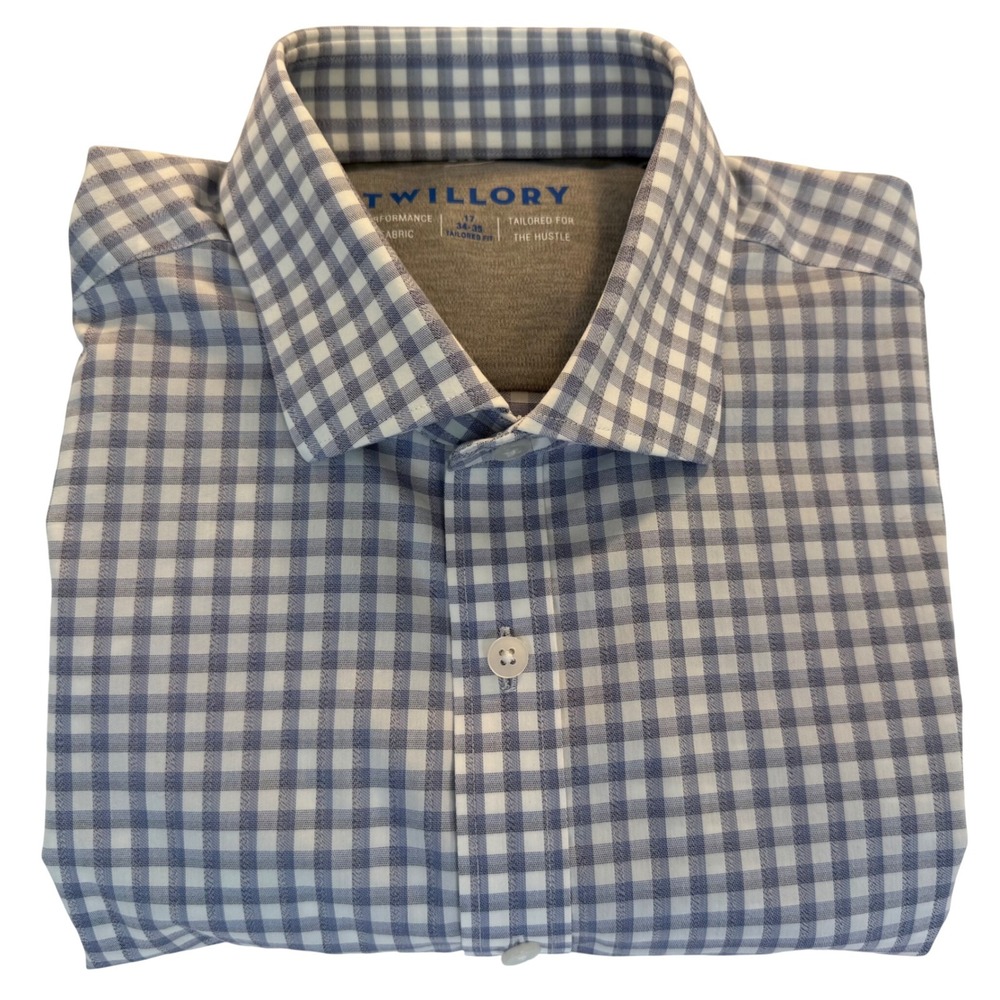TWILLORY‎ Performance Tailored Fit Dress Shirt Blue/White Check Men's Sz L 34/35 - Picture 3 of 11